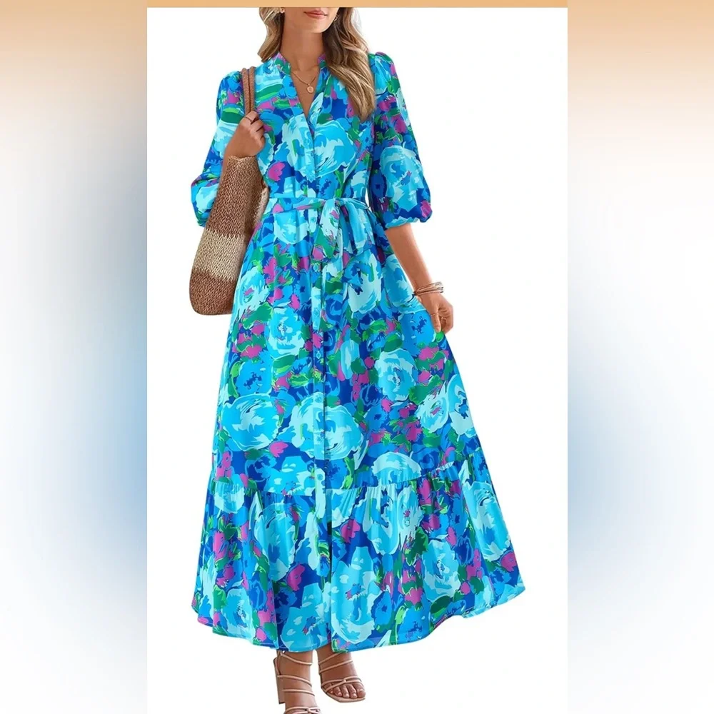 NWOT Blue Multicolor Floral Button Down 3/4 Puff Sleeve Easter Maxi Dress Small - Picture 2 of 12